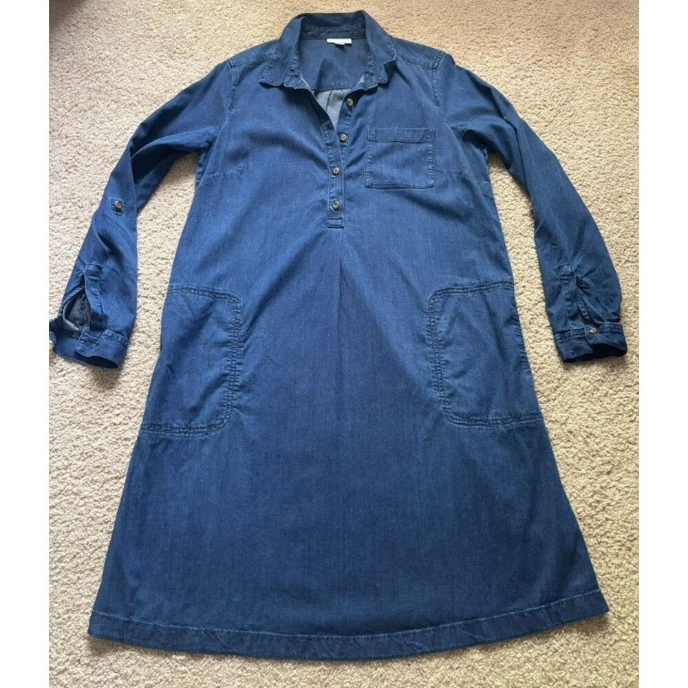 J JILL DENIM Womens Small Dress Collared Button Roll Tab Sleeve Blue Cotton